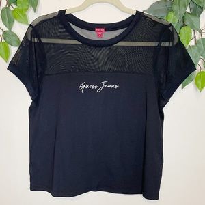 Guess Jeans Embroidered Mesh Shoulder Short Sleeve Top Black Size Small